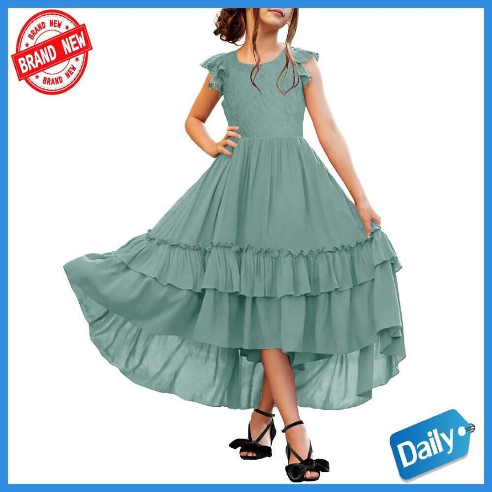 Girls Lace Boho Flower Girl Dress Ruffle Sleeve Formal Wedding Party
